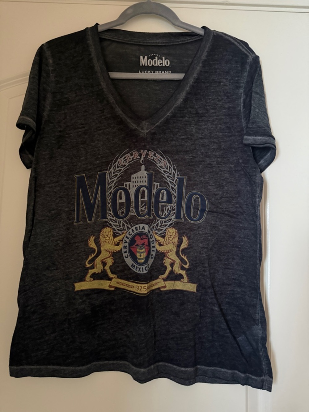 Luck Brand burnout Modelo Graphic V-Neck Tee - Charcoal with Gold Accents